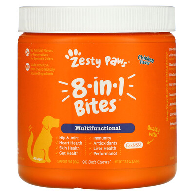 Zesty Paws Multivitamin Bites мультивитаминная добавка для собак 5 в 1 для повышения тонуса для любого возраста со вкусом курицы 90 мягких жевательных таблеток 360 г (12 7 унции)