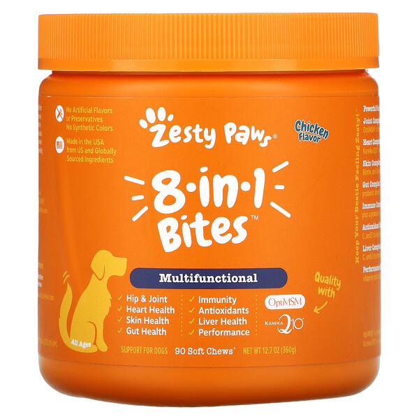 Zesty Paws, 8-In-1 Multifunctional Bites for Dogs, All Ages, Chicken, 90 Soft Chews