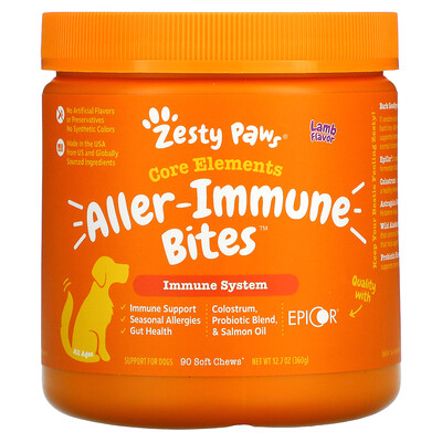Zesty Paws Aller-Immune Bites  для собак  иммунная система  для всех возрастов  вкус ягнятины  90 мягких жевательных снеков  360 г (12 7 унции)