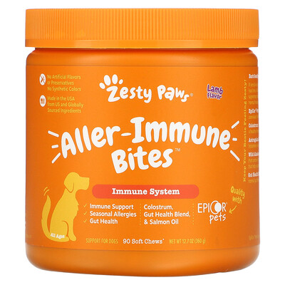 

Zesty Paws Aller-Immune Bites, добавка для собак всех возрастов, со вкусом ягненка, 90 жевательных таблеток, 360 г (12,7 унции)