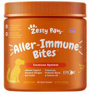 Zesty Paws, Aller-Immune Bites، العناصر الأساسية للكلاب، لدعم جهاز المناعة، لجميع الأعمار، نكهة لحم الضأن، 90 قطعة طرية لينة قابلة للمضغ، 12.7 أونصة (360 جم)