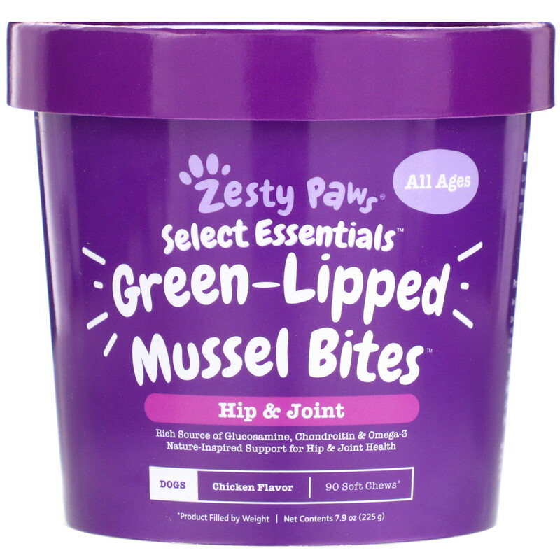 Zesty Paws, GreenLipped Mussel Bites for Dogs, Hip & Joint Health, All Ages, Chicken Flavor, 90
