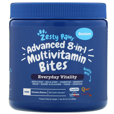 Zesty Paws Advanced 8 in 1 Multivitamin Bites, мультивитамины 8 в 1 для взрослых собак, со вкусом курицы, 90 мягких жевательных таблеток