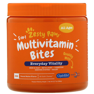 Zesty Paws 5-in-1 Multivitamin Bites, добавка для собак с ароматизатором «Арахисовая паста», 90 мягких жевательных таблеток