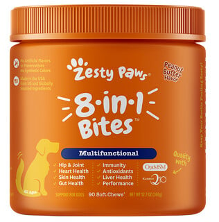 Zesty Paws, Elementos Essenciais, 8-in-1 Bites para Cães, Multifuncional, Todas as Idades, Manteiga de Amendoim, 90 Cápsulas Mastigáveis