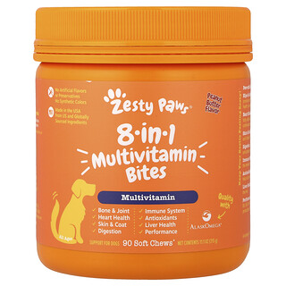 Zesty Paws, 8 πολυβιταμινούχες μπουκιές, για σκύλους, όλες τις ηλικίες, φυστικοβούτυρο, 90 μαλακές μασώμενες μπουκιές, 11,1 oz (315 g)