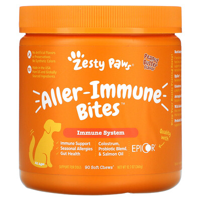 

Zesty Paws Aller-Immune Bites, добавка для собак, с ароматизатором «Арахисовая паста», 90 мягких жевательных таблеток