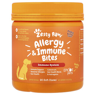 Zesty Paws, Allergy & Immune Bites, Para perros, Todas las edades, Mantequilla de maní, 90 bocadillos masticables blandos, 315 g (11,1 oz)