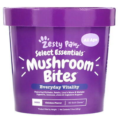 

Zesty Paws Mushroom Bites for Dogs, Everyday Vitality, All Ages, Chicken Flavor, 90 Soft Chews