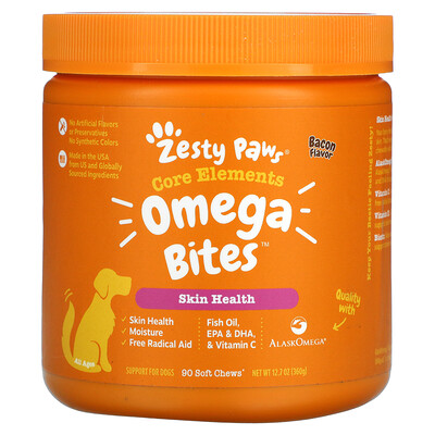 

Zesty Paws Omega Bites For Dogs Skin Health All Ages Bacon 90 Soft Chews 12.7 oz (360 g)