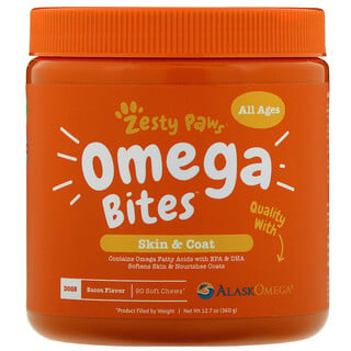 Zesty Paws, Omega Bites, добавка для собак, для здоровья кожи и шерсти животных, с ароматизатором «Бекон», 90 мягких жевательных таблеток