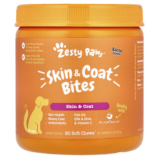 Zesty Paws, Ukąszenia skóry i sierści, dla psów, w każdym wieku, bekon, 90 miękkich przekąsek do żucia, 315 g