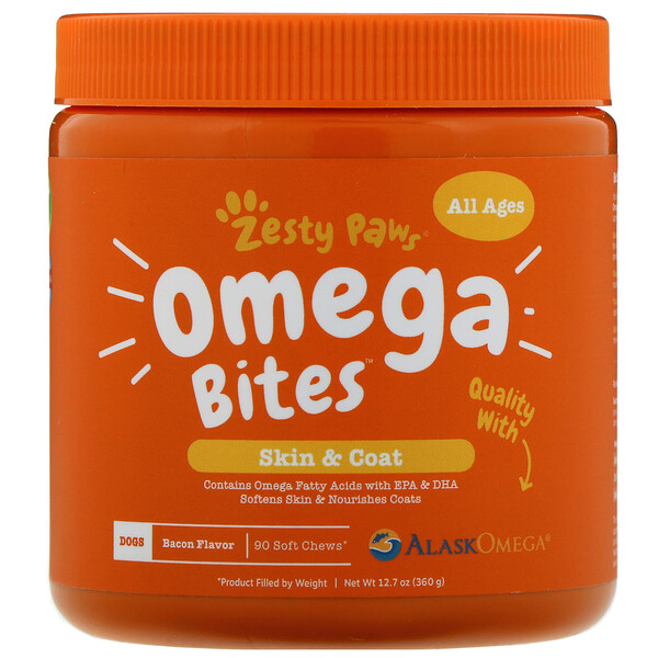 Zesty Paws, Omega Bites for Dogs, Skin & Coat, All Ages, Bacon Flavor