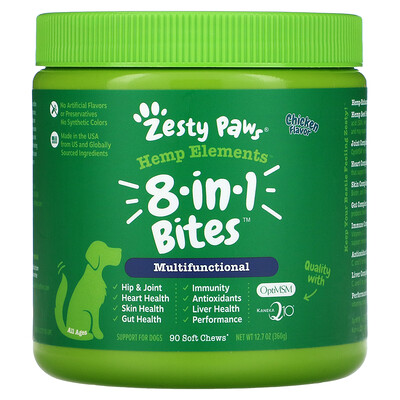 

Zesty Paws, Hemp Elements, 8-In-1 Bites for Dogs, Multifunctional, All Ages, Chicken, 90 Soft Chews, 12.7 oz (360 g)