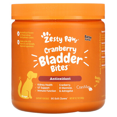 

Zesty Paws Cranberry Bladder Bites for Dogs Antioxidant All Ages Bacon 90 Soft Chews 12.7 oz (360 g)