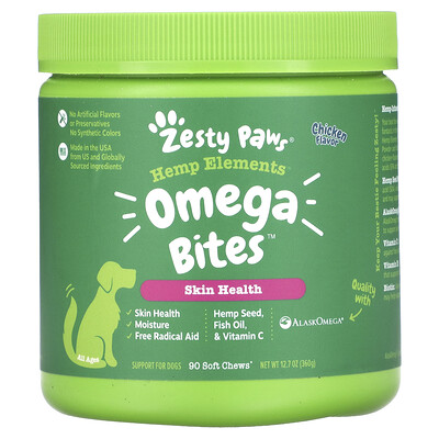 

Zesty Paws Hemp Elements Omega Bites для собак для всех возрастов с курицей 90 жевательных таблеток