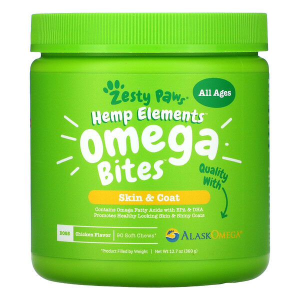 Hemp Elements, Omega Bites For Dogs, All Ages, Chicken, 90 Soft Chews