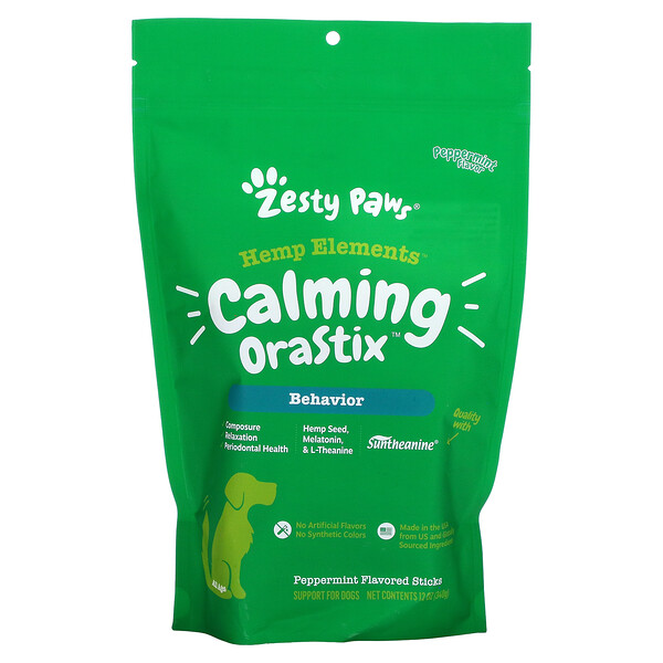 Zesty Paws, Hemp Elements, Calming OraStix For Dogs, All Ages, Peppermint, 12 oz (340 g)