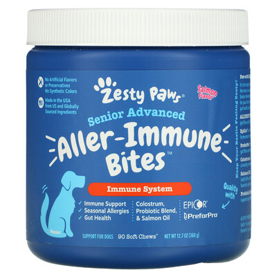 

Zesty Paws Advanced Aller-Immune Bites для собак, иммунная система, для пожилых людей, со вкусом лосося, 90 жевательных таблеток, 360 г (12,7 унции)