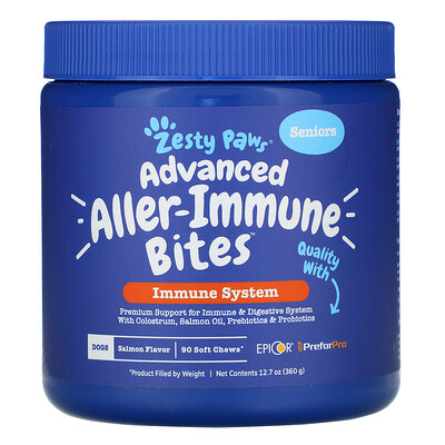 Zesty Paws Advanced Aller-Immune Bites for Dogs, Immune System, Senior, Salmon Flavor, 90 Soft Chews, 12.7 oz (360 g)