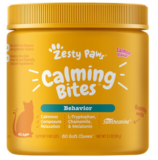 Zesty Paws, 舒緩零食塊，行為，適合所有年齡段的貓，鮭魚，60 片咀嚼片。