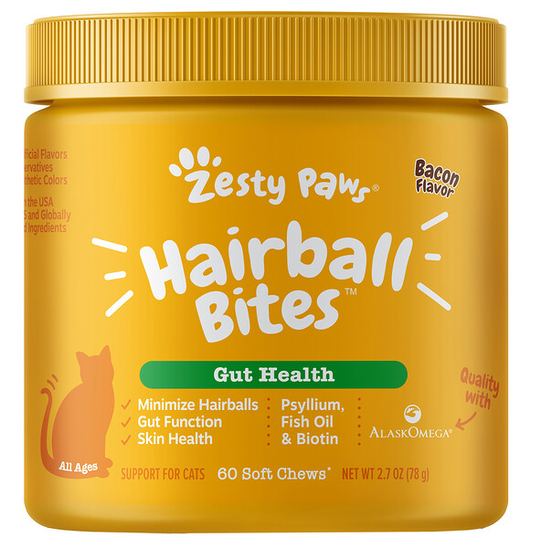 Hairball Bites, Gut Health for Cats, All Ages, Bacon, 60 Soft Chews