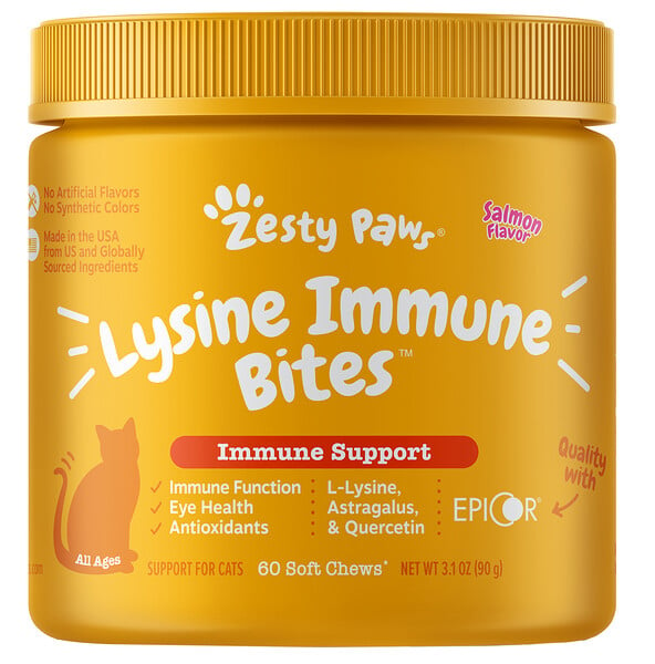Zesty Paws, Lysine Immune Bites, Refuerzo inmunitario con lisina para gatos, Todas las edades, Salmón, 60 comprimidos masticables blandos