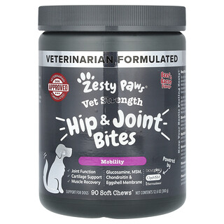 Zesty Paws, Vet Strength, Bocadillos masticables para cadera y articulaciones, Para perros, Todas las edades, Carne de res y tocino, 90 bocadillos masticables blandos, 360 g (12,6 oz)