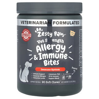 Zesty Paws‏, Vet Strength Allergy & Immune Bites ، للكلاب ، جبن مدخن ، 90 قطعة مضغ طرية ، 12.6 أونصة (360 جم)