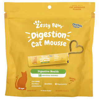 Zesty Paws, Digestion Cat Mousse, voor katten, alle leeftijden, kip, 18 sticks, 9 oz (252 g)