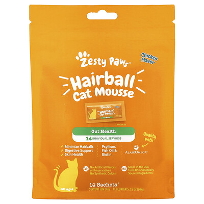 Zesty Paws  Hairball Cat Mousse  All Ages  Chicken  14 Sachets  0.2 oz (6 g) Each
