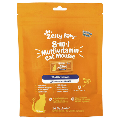 Zesty Paws  8-in-1 Multivitamin Cat Mousse  All Ages  Chicken  14 Sachets  0.2 oz (6 g) Each