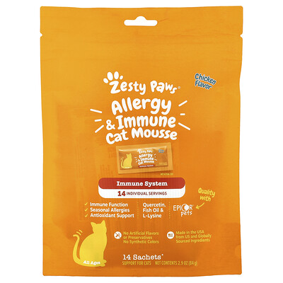 Zesty Paws  Allergy & Immune Cat Mousse  For Cats  All Ages  Chicken  14 Sachets 0.2 oz (6 g) Each
