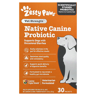 Zesty Paws, Vet Strength™（ヴェットストレングス）、ネイティブカニンプロバイオティクスパウダー、犬用、全年齢、30袋、各1g（0.03オンス）