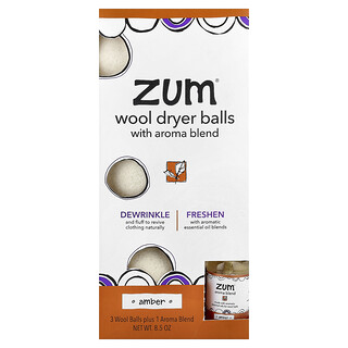 ZUM, Gyapjúszárító golyók aromakeverékkel, borostyán, 3 gyapjúgolyó plusz 1 aromakeverék, 8,5 uncia